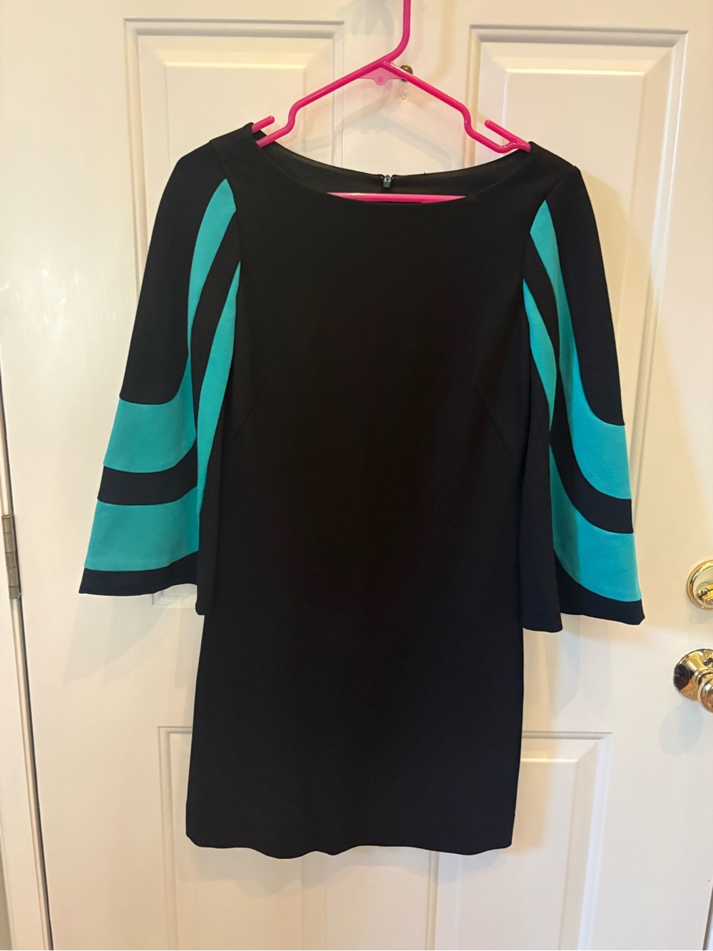 Trina Turk Black Teal Color Block Bell Sleeve Mod Mini Retro Cocktail dress